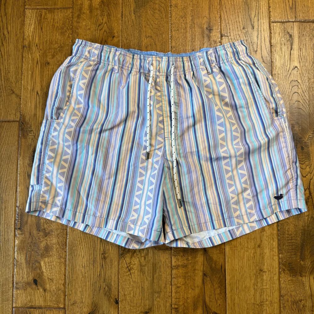Southern Marsh Swim Trunks Mens M Striped Blue Beige Navy Mesh Lined Pockets